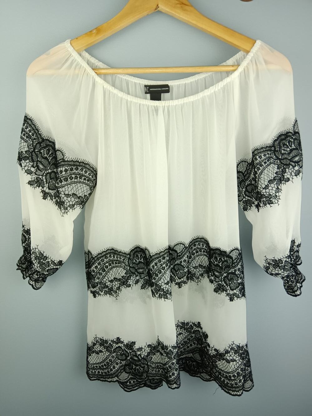 INC International Concepts White Tunic with Black Lace Trim